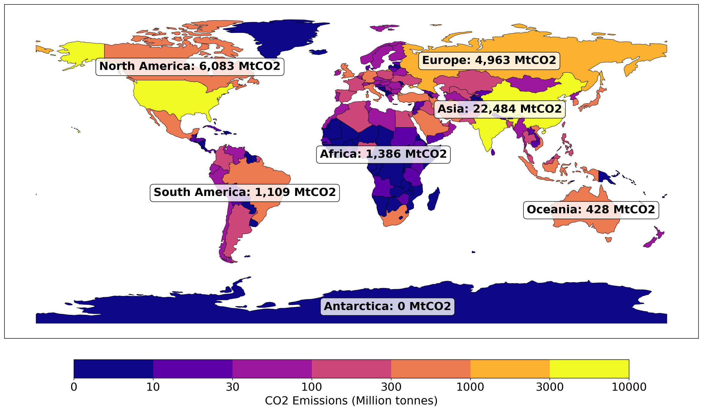 Map of CO2 emissions in 2023 by region and continent using geopandas